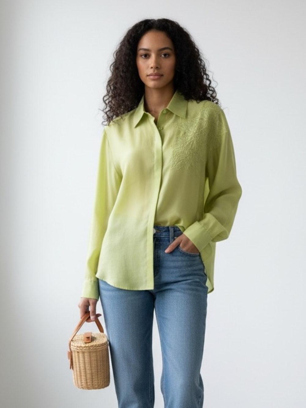 1307 • Summer Matcha Tencel Blend  Floral Lace Embellished Button Front Blouse